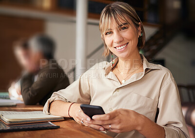 Buy stock photo Portrait, business and woman with smartphone, typing and smile with connection, chatting and social media. Face, female or consultant with cellphone, mobile app or communication with device in office