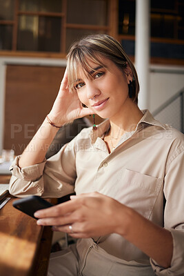 Buy stock photo Portrait, relax and woman with smartphone, typing and connection for social media, communication and chatting. Face, female and person with cellphone, search website or online reading for information