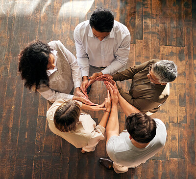 Buy stock photo Teamwork, circle and synergy of people hands for collaboration, workflow and group or team building above. Integration, formation and support, cooperation or community of women and men with agreement