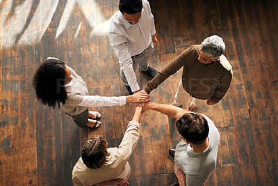 Buy stock photo Teamwork, above and people hands stacked for support, collaboration and project mission for business startup. Group circle, women and men, together hand sign and community goals or career solidarity