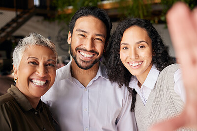 Buy stock photo Staff selfie, portrait or happy business people in group for corporate meeting, photography or diversity post. Office friends, career influencers or employees with teamwork in a fun profile picture