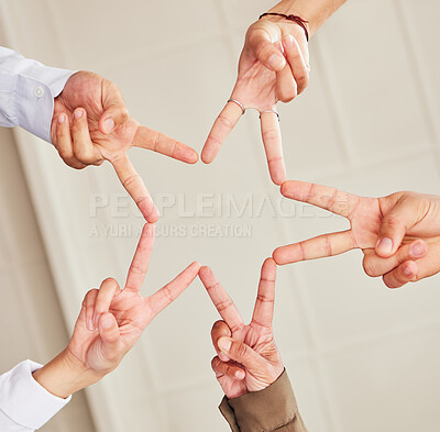 Buy stock photo Star, low angle or business people with peace sign, team work or community collaboration in office building. Partnership, closeup or hands of employees with support, solidarity or motivation together