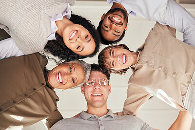 Buy stock photo Meeting, portrait or happy business people in huddle with goals, support or motivation for success. Low angle of faces, team work or employees planning our vision, sales target or mission
