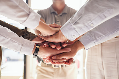 Buy stock photo Teamwork, collaboration and hands stacked for support, target or team building mission in office circle or group. Business people with together hand sign for community goals or professional workflow