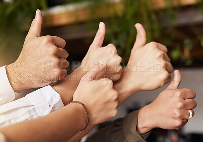 Buy stock photo Thumbs up, winning and group of people thank you, support or teamwork hands for vote, yes or like emoji. Team building, target goals and winner women and men with business ok, success and thanks sign