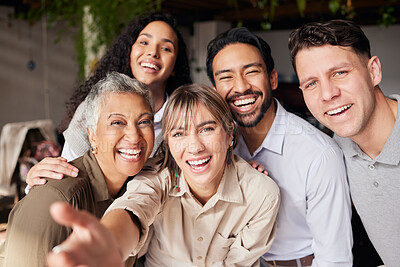 Buy stock photo Selfie, friends and a business team in the office together, posing for a photograph while feeling happy. Portrait, social media and diversity with colleagues taking a profile picture photo  at work