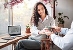 Serving, remote work and a woman with a coffee from a waiter at a restaurant. Happy, service and a worker giving a girl a warm beverage while working on a laptop at a cafe on a break in the morning