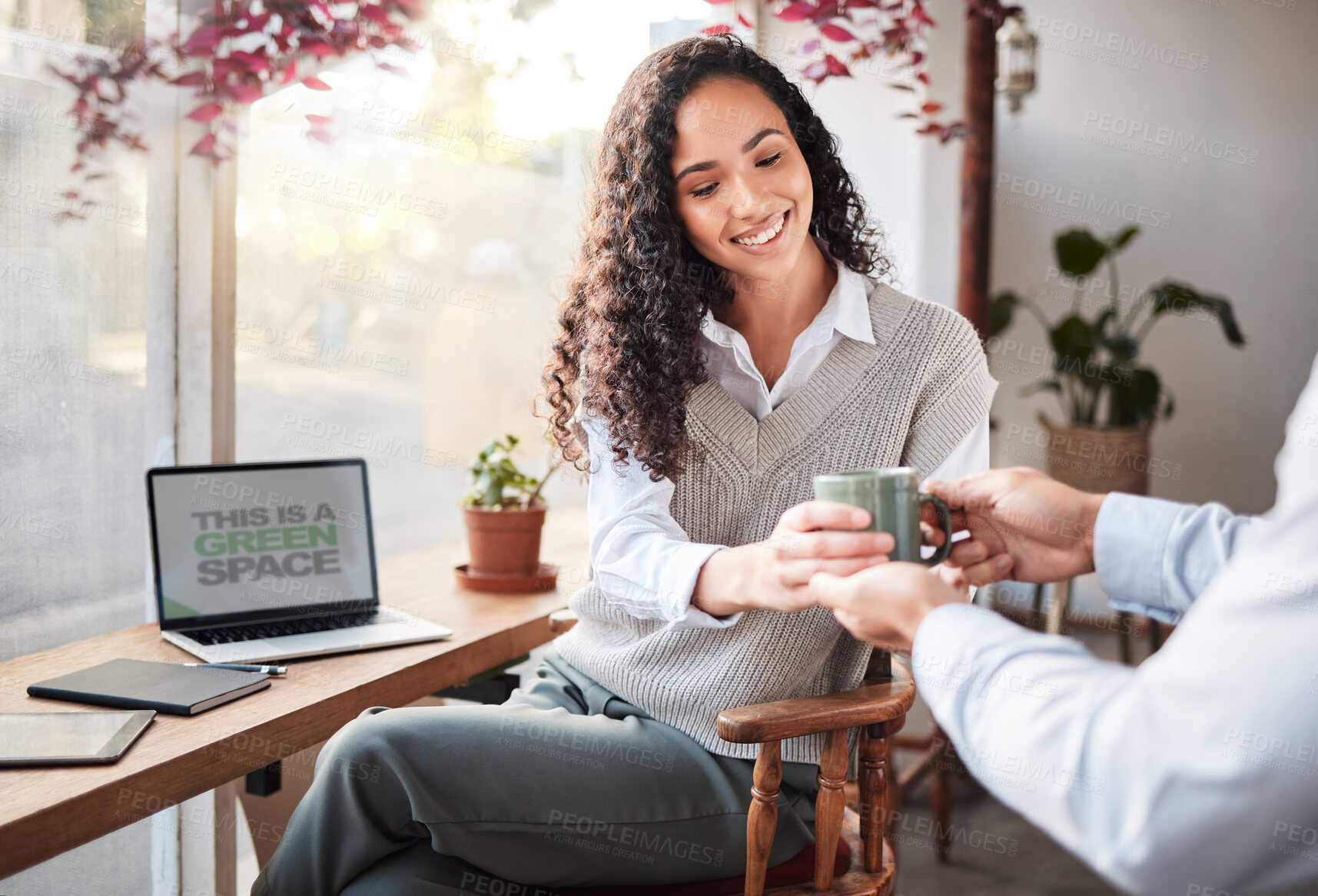 Buy stock photo Serving, remote work and a woman with a coffee from a waiter at a restaurant. Happy, service and a worker giving a girl a warm beverage while working on a laptop at a cafe on a break in the morning