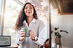 Coffee shop, happy woman and laptop screen for business startup, remote work or recycling project and sustainability. Happy biracial person at Internet cafe for website ideas, inspiration or planning