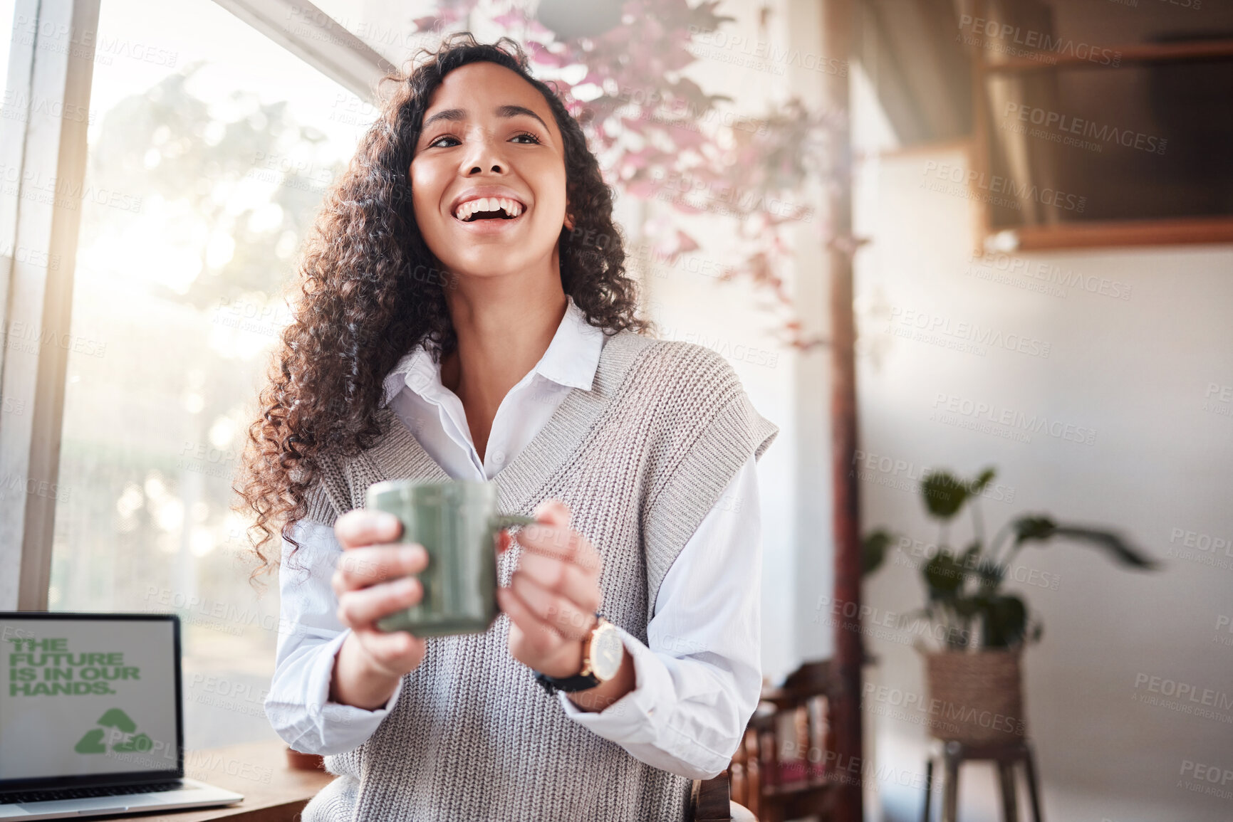 Buy stock photo Coffee shop, happy woman and laptop screen for business startup, remote work or recycling project and sustainability. Happy biracial person at Internet cafe for website ideas, inspiration or planning