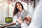 Service, remote work and a woman with a coffee from a waiter at a restaurant. Happy, cup and a worker giving a girl a warm beverage while working on a laptop at a cafe on a break in the morning