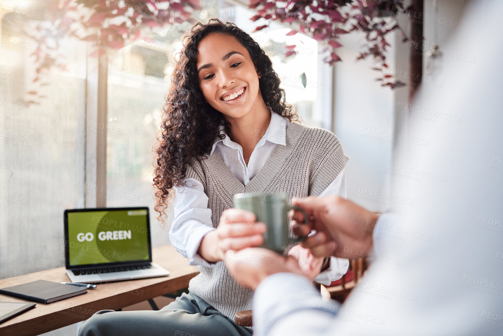 Buy stock photo Service, remote work and a woman with a coffee from a waiter at a restaurant. Happy, cup and a worker giving a girl a warm beverage while working on a laptop at a cafe on a break in the morning