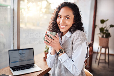 Buy stock photo Coffee shop, woman portrait and laptop screen for politics business, remote work project or journalist news. Happy biracial person at Internet cafe for research ideas, inspiration or website article