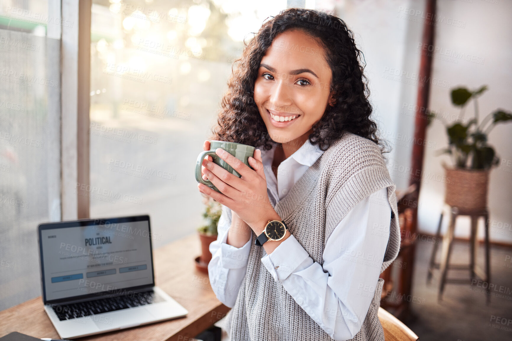 Buy stock photo Coffee shop, woman portrait and laptop screen for politics business, remote work project or journalist news. Happy biracial person at Internet cafe for research ideas, inspiration or website article