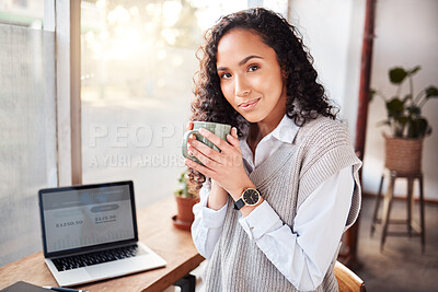 Buy stock photo Woman portrait, coffee shop and laptop screen for stock market business, remote work and online financial trading. Biracial person or entrepreneur at Internet cafe, finance ideas and budget planning