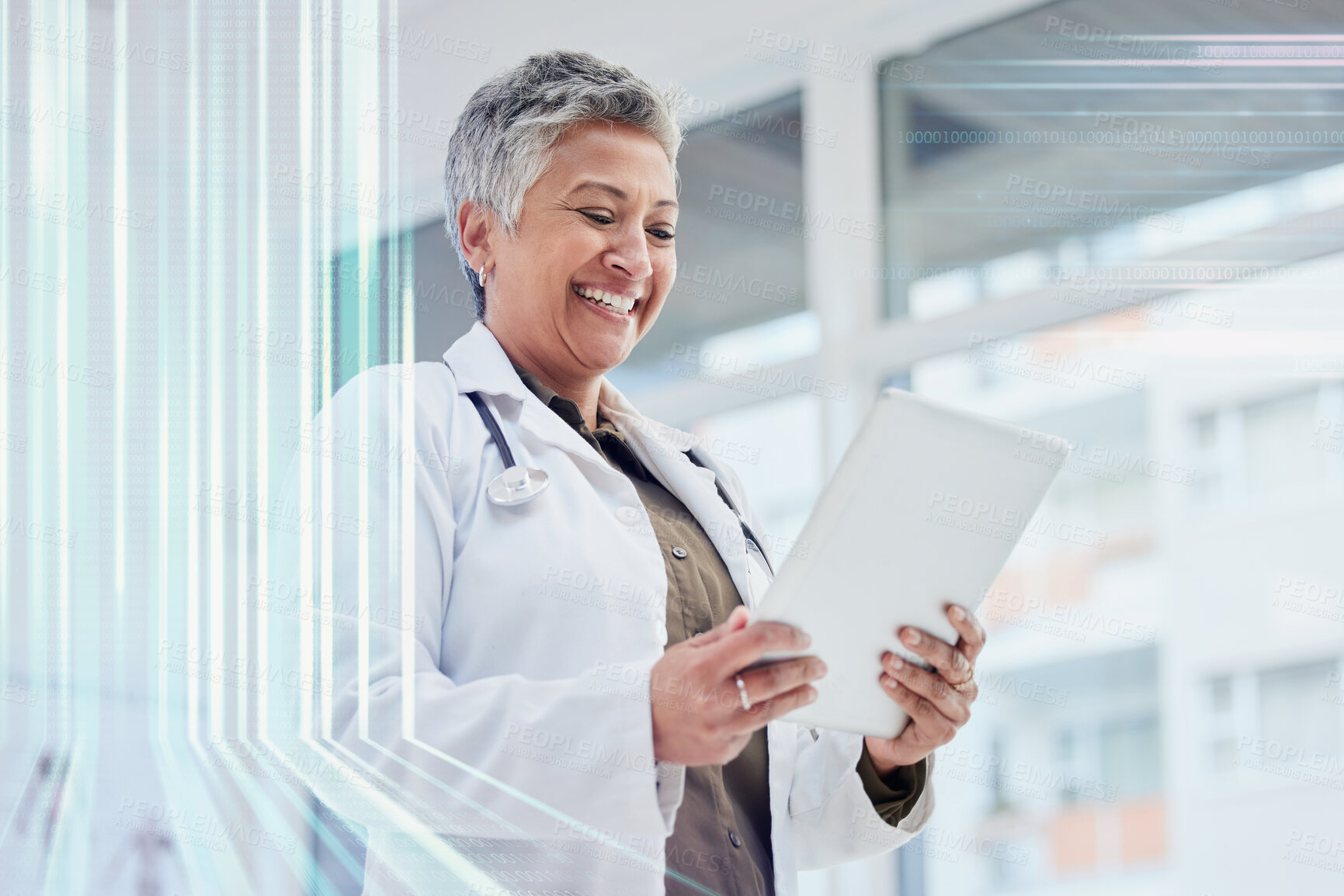 Buy stock photo Tablet, research and happy healthcare doctor with futuristic overlay, telehealth software or hospital management app. Medical professional or indian person on digital technology in clinic data review