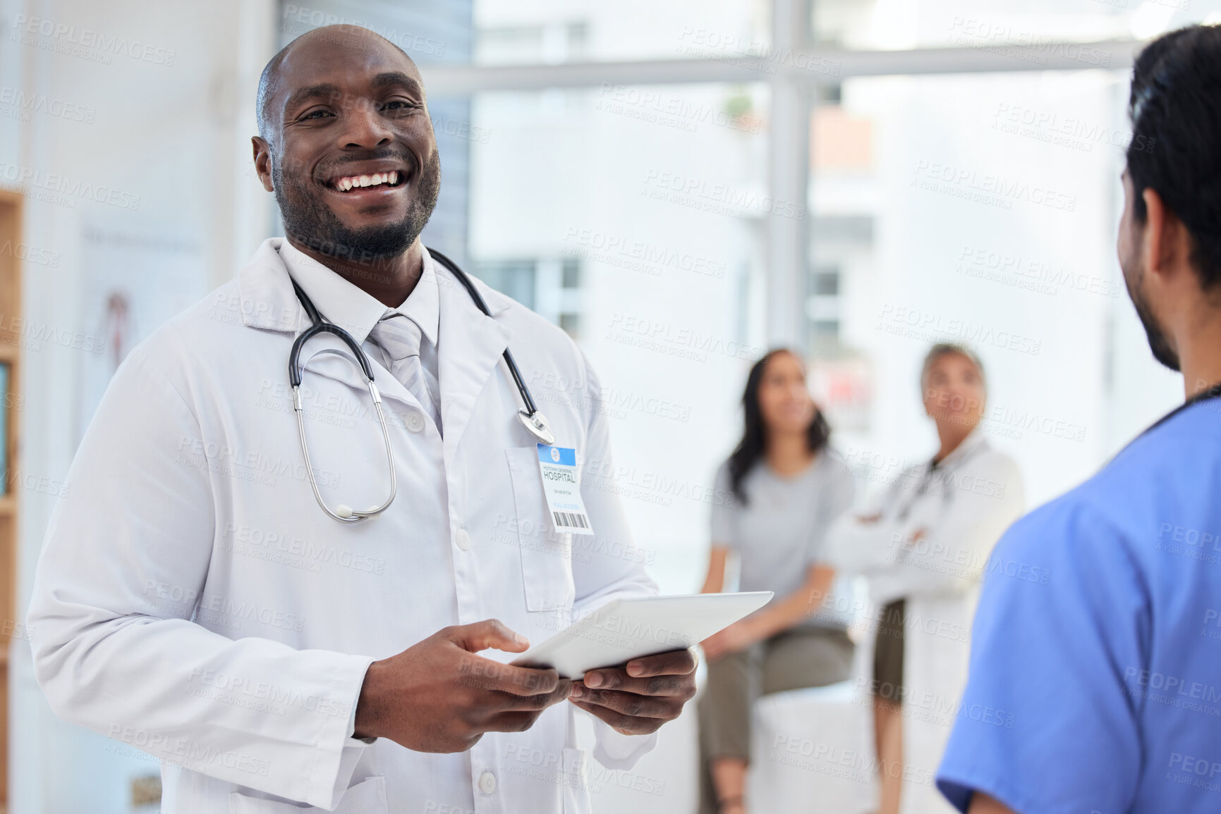 Buy stock photo Hospital, doctor and portrait of black man on tablet in clinic for insurance, wellness app and medical service. Happy, healthcare and health worker on digital tech for consulting, telehealth and help