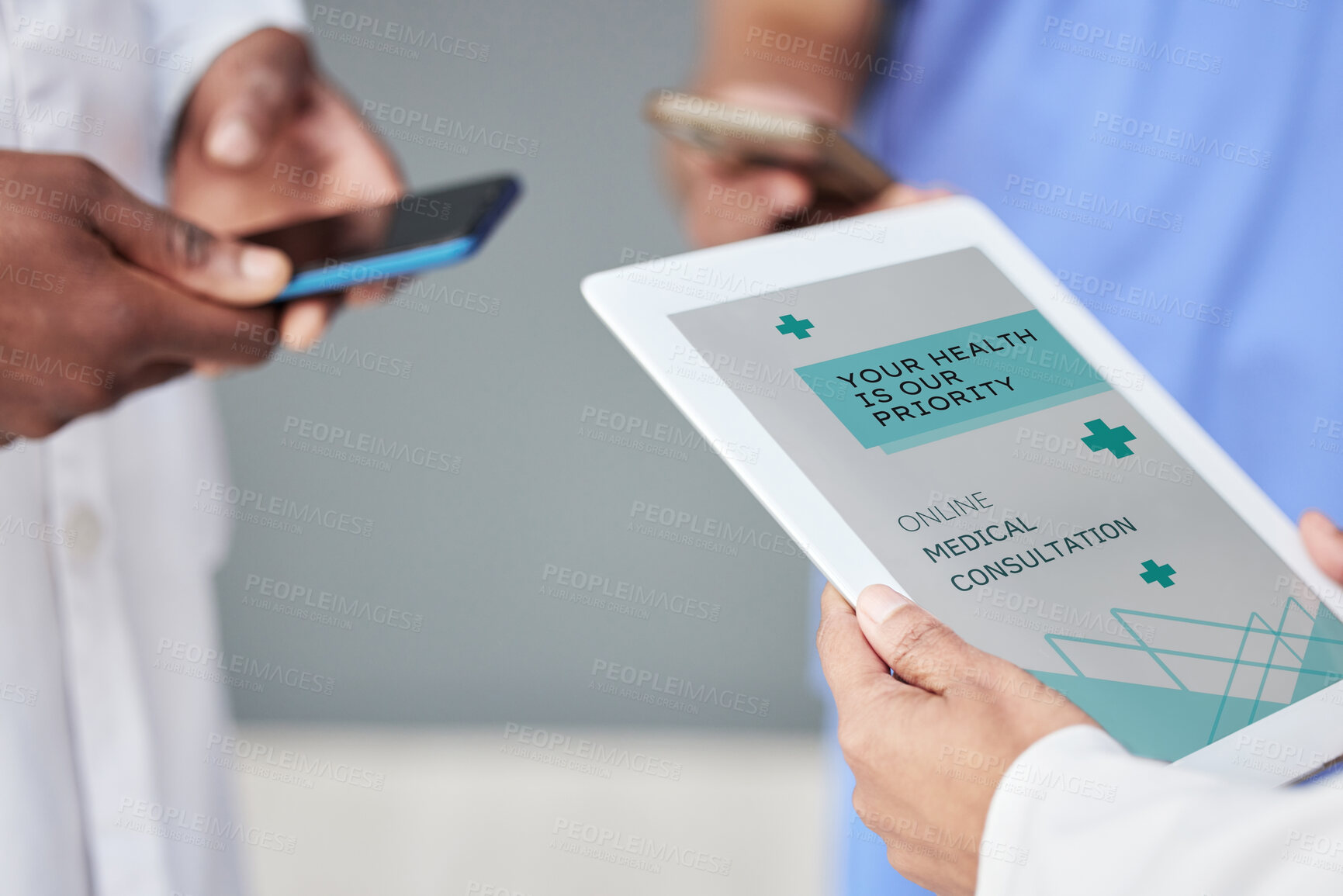 Buy stock photo Tablet screen, phone and doctors hands in medical telehealth, virtual and online consultation on website for contact us. Healthcare people on mobile app and digital hospital or health insurance info