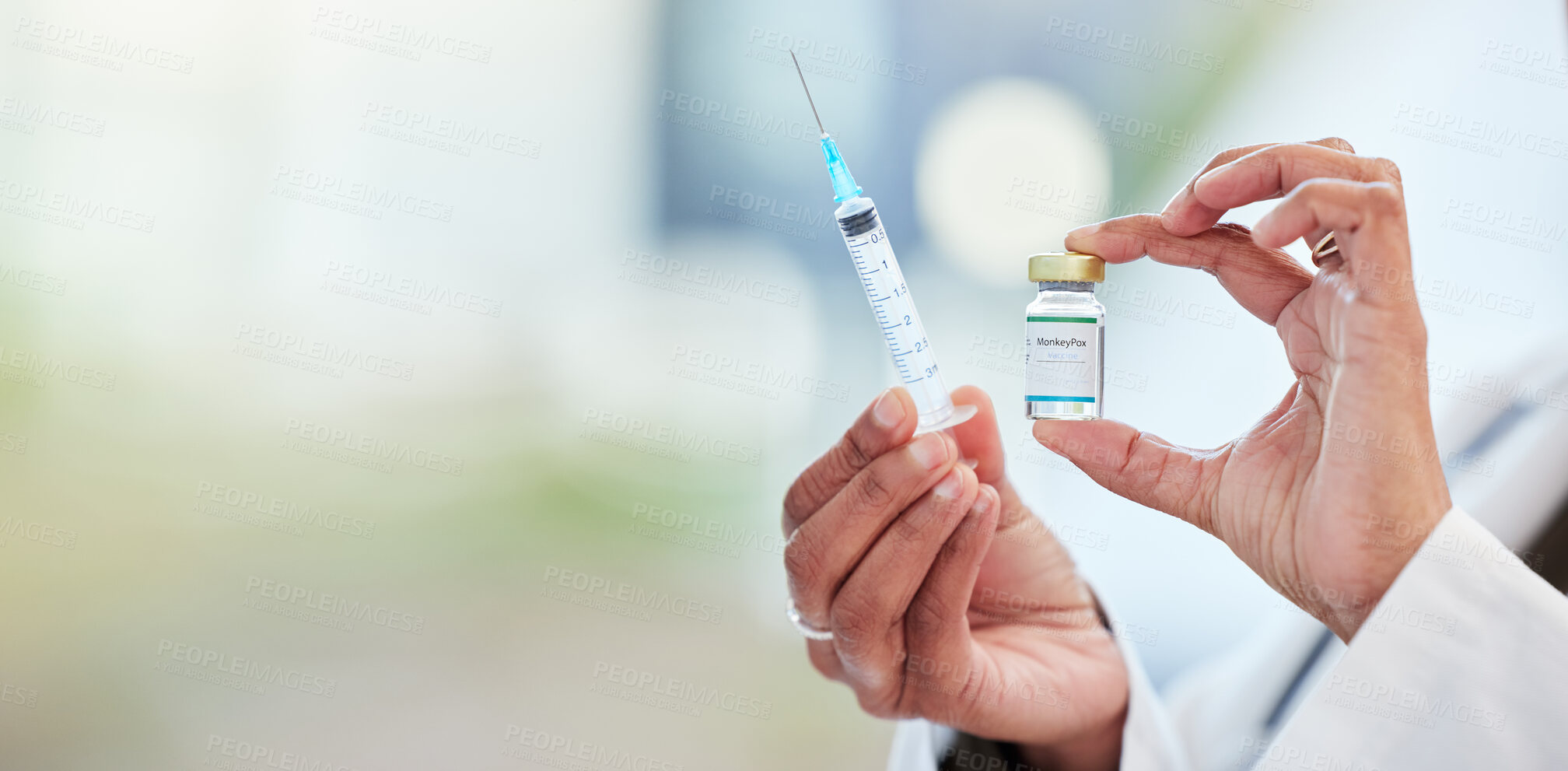 Buy stock photo Vaccine bottle, needle and hands of doctor in a medicare hospital getting ready for a monkeypox treatment. Healthcare, injection and closeup of a medical worker with a virus vaccination in a clinic.