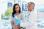 Healthcare, consultation and doctor talking to patient in a hospital explaining medication. Medicine, professional and female medical worker or specialist consulting a woman in a medicare clinic.