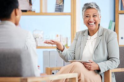 Buy stock photo Happy woman, therapist and therapy advice, mental health questions and speaking to client in consultation. Tablet,  results and progress of psychologist person talking to patient for help or support