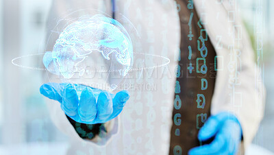 Buy stock photo Global hologram, healthcare and doctor hand for research software, telehealth network and world health in data overlay. Professional medical person, globe or earth holographic and digital statistics 