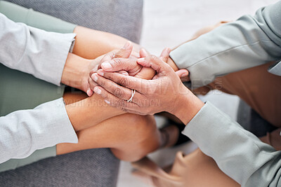 Buy stock photo Women holding hands for therapy support, empathy and help with depression, mental health or trauma counseling. Therapist, psychologist or people with hand together for psychology, anxiety or sad news