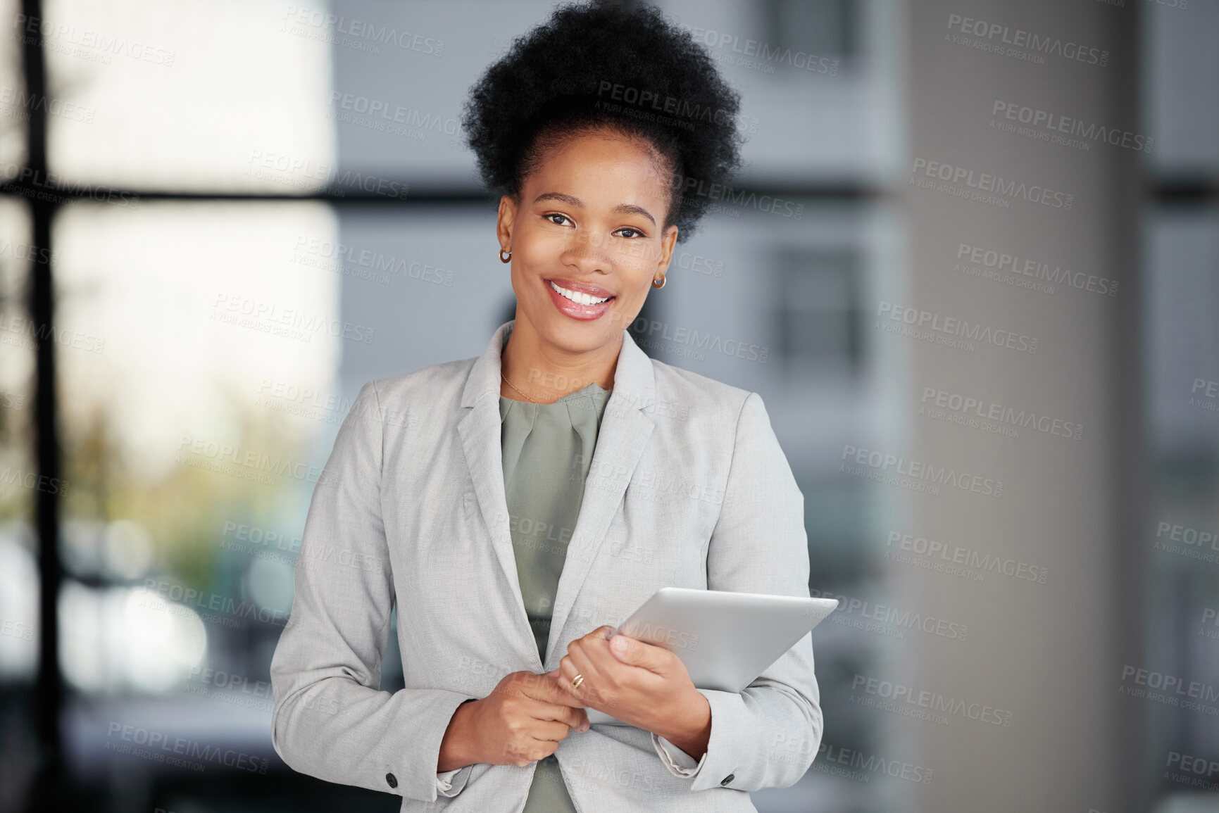 Buy stock photo Happy black woman, tablet and portrait in office for productivity, data planning and internet research. Female employee, digital technology and smile for website strategy, business app or online info
