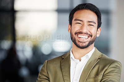 Buy stock photo Happy, laughing and portrait of man in office for business, professional and executive. Mission, happiness and pride with Asian employee in startup agency for entrepreneur, agent and joy with mockup