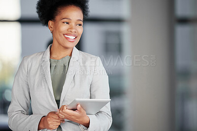 Buy stock photo Tablet, thinking and mockup with a business woman in her office, planning for the future growth of her company. Idea, technology and mindset with an african american female employee happy at work