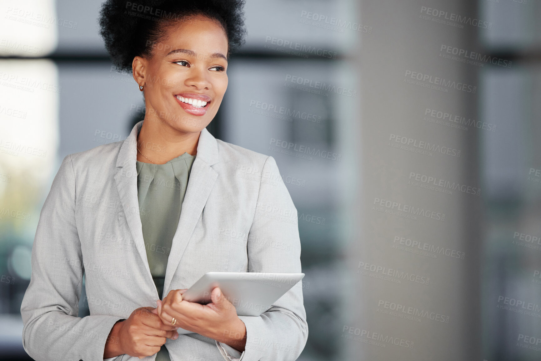 Buy stock photo Tablet, thinking and mockup with a business woman in her office, planning for the future growth of her company. Idea, technology and mindset with an african american female employee happy at work