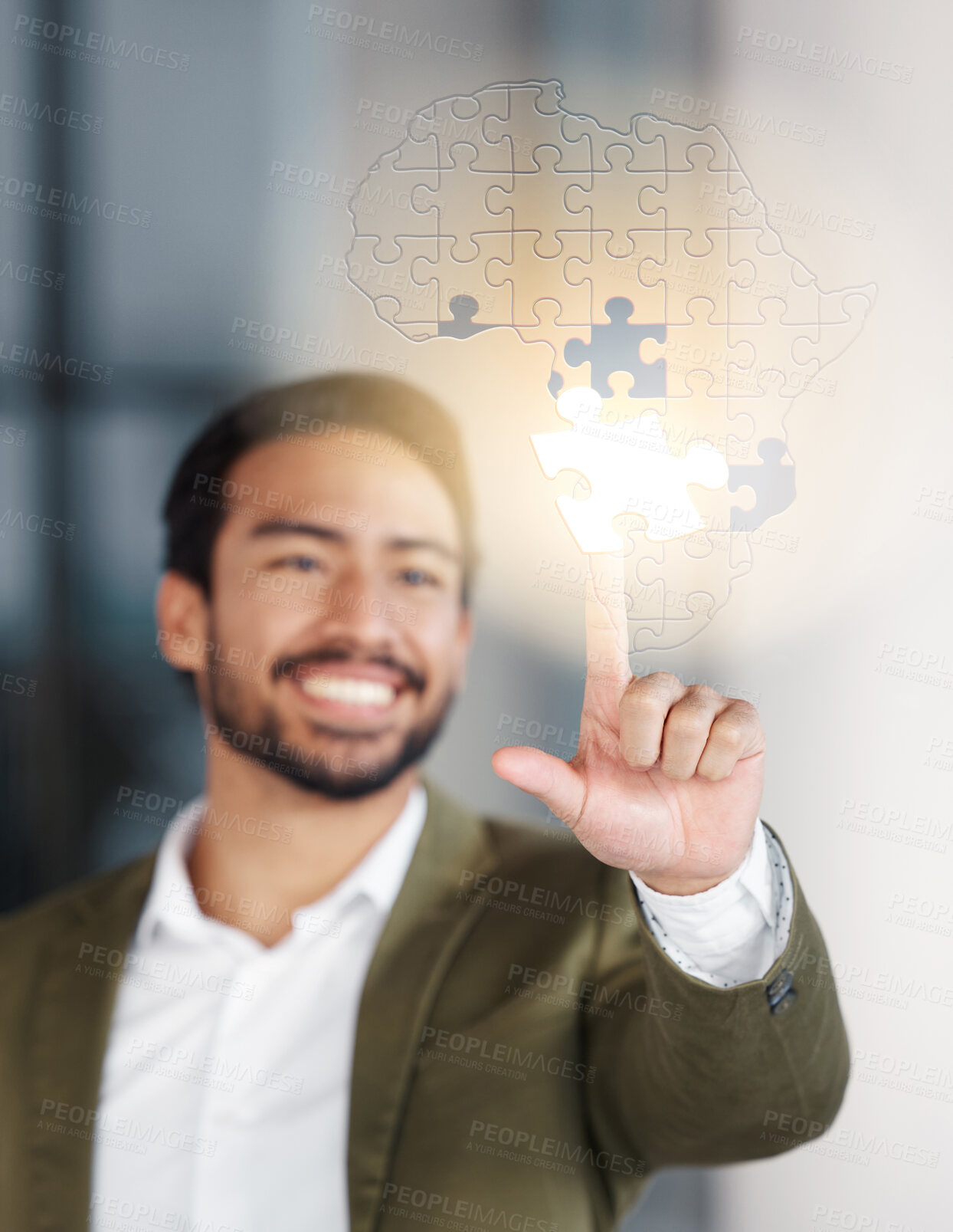 Buy stock photo Hologram, puzzle and business man in office for problem solving, solution and Africa, global or innovation. Jigsaw, design and Asian entrepreneur with creative overlay, strategy or futuristic design 
