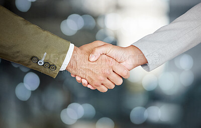 Buy stock photo Business people, handshake and partnership, agreement or welcome with deal, onboarding and thank you. Collaboration, professional and team shaking hands on blurred background bokeh in b2b solidarity