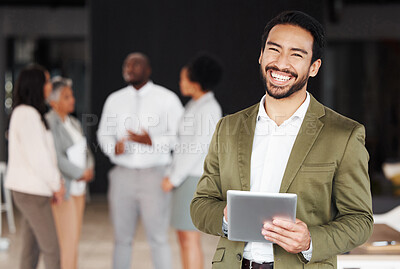 Buy stock photo Digital tablet, portrait and happy business man with team in office for meeting, planning and collaboration. Face, asian male and leader online with group of people for creative startup mission plan