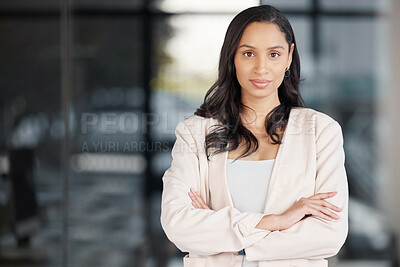 Buy stock photo Business woman, portrait smile and arms crossed in confidence for management or career ambition at office. Confident, proud and happy female manager, professional or corporate executive smiling