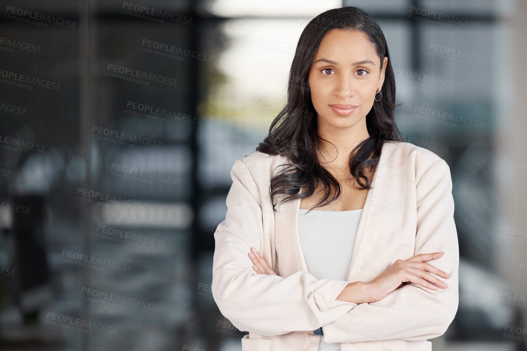 Buy stock photo Business woman, portrait smile and arms crossed in confidence for management or career ambition at office. Confident, proud and happy female manager, professional or corporate executive smiling