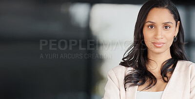 Buy stock photo Portrait, business woman and banner with blurred background, mockup and focused on copy space. Face of young female worker with confidence, motivation and professional corporate commitment on mock up