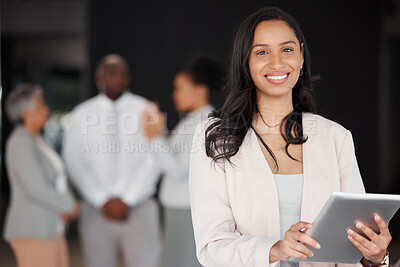 Buy stock photo Business woman, portrait and tablet in leadership for meeting, planning or teamwork schedule at the office. Happy and confident female leader or manager smiling with touchscreen for team management