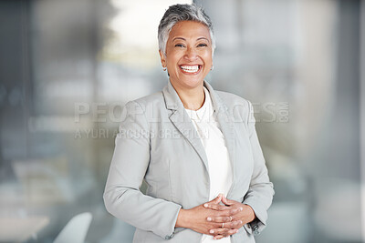 Buy stock photo Happy, senior and portrait of woman in office for business, professional and executive. Mission, happiness and pride with employee in startup agency for entrepreneur, agent and joy with mockup