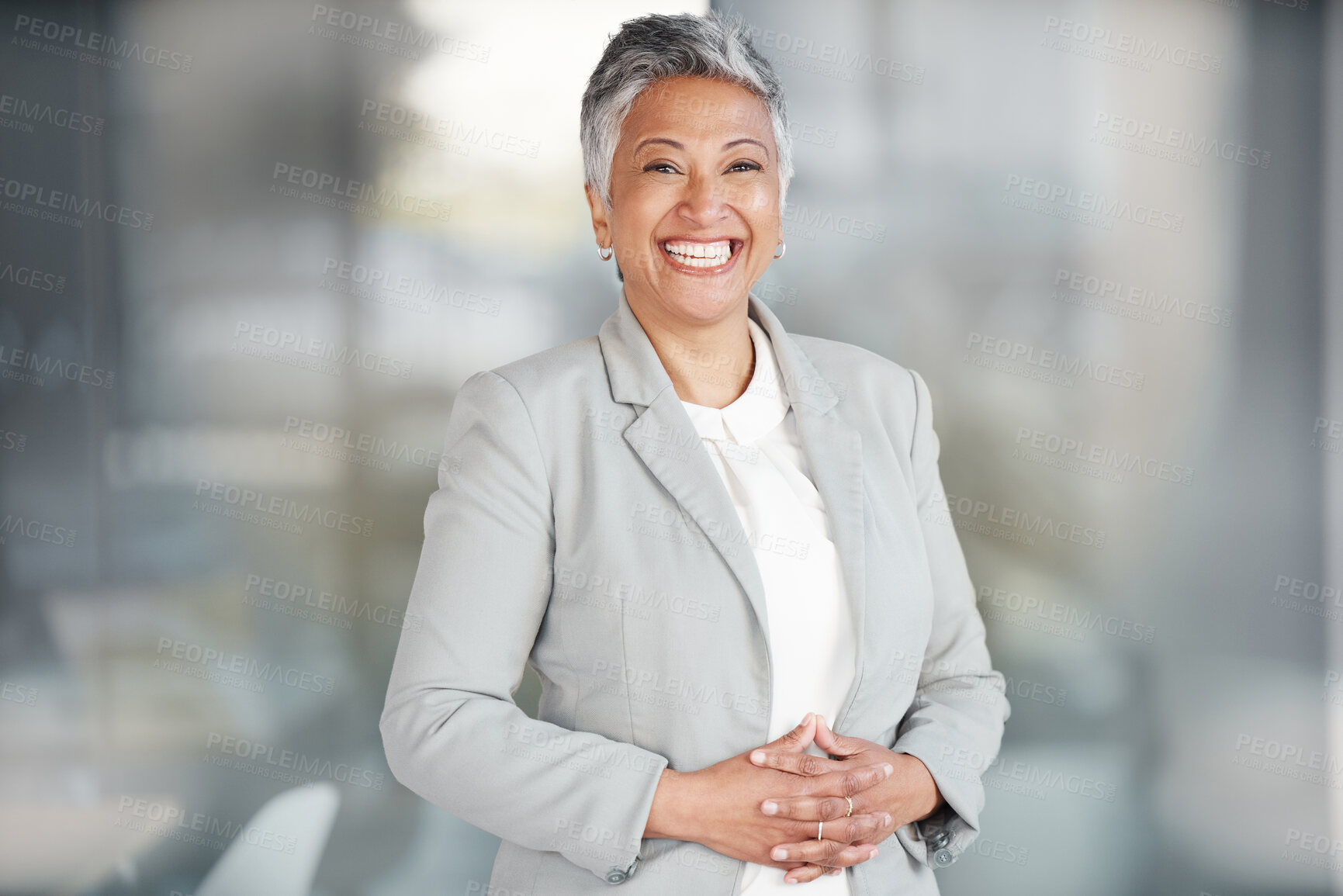 Buy stock photo Happy, senior and portrait of woman in office for business, professional and executive. Mission, happiness and pride with employee in startup agency for entrepreneur, agent and joy with mockup