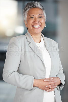 Buy stock photo Happy, business and portrait of woman in office for manager, professional and executive. Mission, happiness and pride with senior female employee in startup agency for entrepreneur, agent and joy