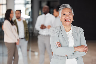 Buy stock photo Business woman, portrait smile and leadership for corporate management or meeting at the office. Happy and confident senior female CEO smiling in teamwork, success or career ambition at the workplace