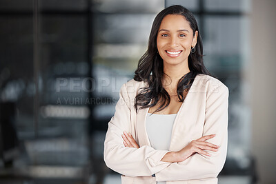 Buy stock photo Happy, arms crossed and portrait of woman in office for business, professional and executive. Mission, happiness and pride with employee in startup agency for entrepreneur, agent and joy with mockup