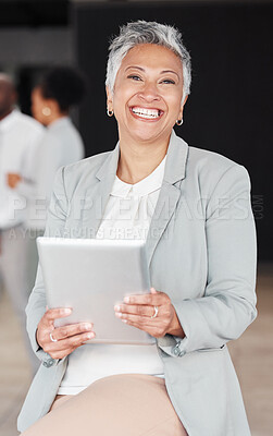 Buy stock photo Happy, corporate and portrait of a woman with a tablet for an email, communication or internet. Smile, mature and an executive manager working on technology at a company for research and the web