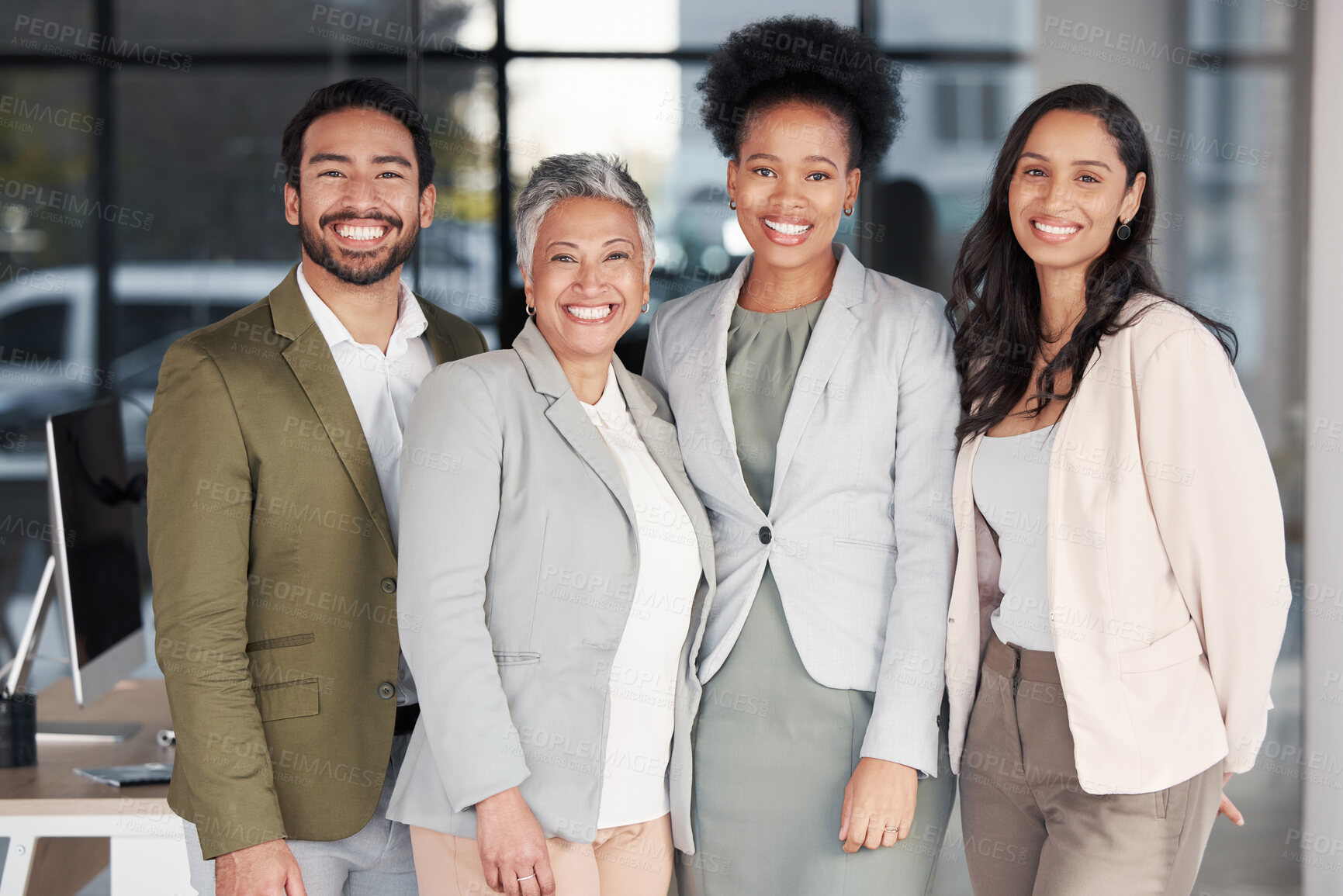 Buy stock photo Portrait, business people and smile for office diversity, management and happiness with pride. Happy group, employees and teamwork for motivation, corporate partnership and professional collaboration