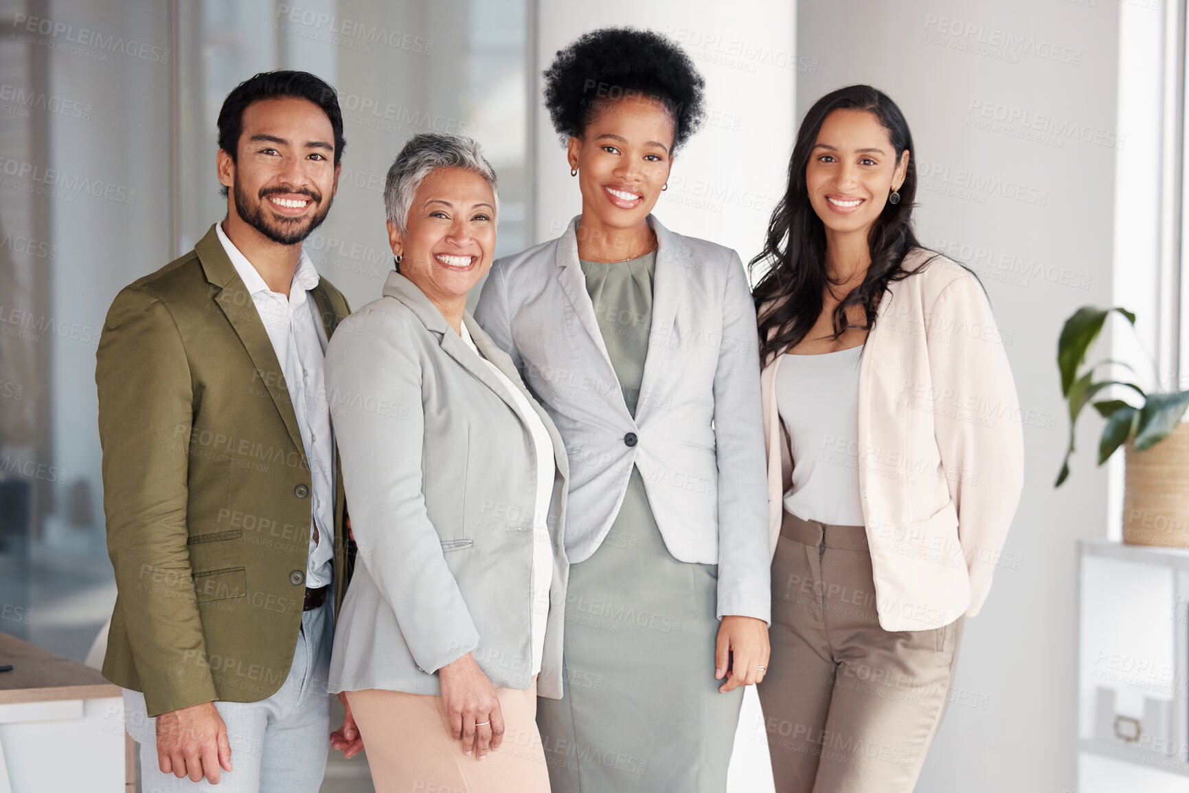 Buy stock photo Happy portrait, business people and diversity in office, management and happiness with pride. Smile, group and teamwork of workers for motivation, corporate partnership and professional collaboration