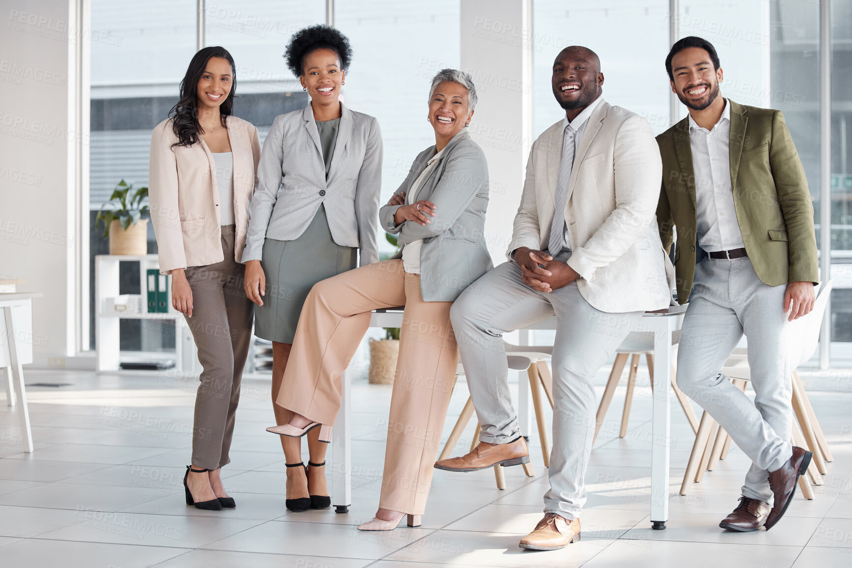 Buy stock photo Team, diversity and portrait of business people in the office posing together after a meeting. Collaboration, staff and multiracial group of colleagues or friends standing in the modern workplace.