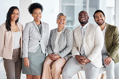 Buy stock photo Diversity, portrait and group of business people in the office posing together after a meeting. Collaboration, staff and multiracial team of colleagues or friends standing in the modern workplace.