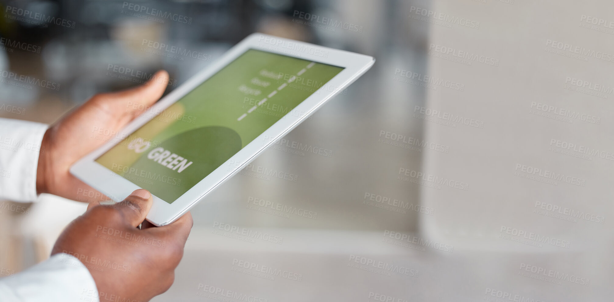 Buy stock photo Hands, tablet screen and go green for sustainability, eco friendly and sustainable environment with mockup. Ecology, app and business man with technology for conservation, paperless and earth day.