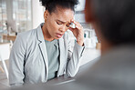 Black woman in business, stress and mental health, counseling at work and psychology with corporate burnout. Support, company issued therapy and female with fatigue and headache, depression and help